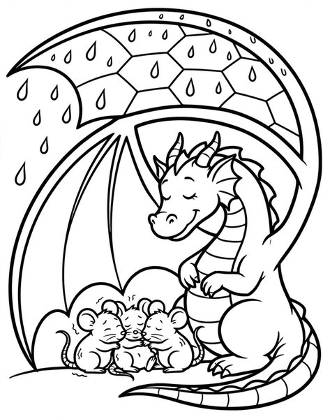 Dragon Umbrella coloring page: A dragon shelters friends under its wing.