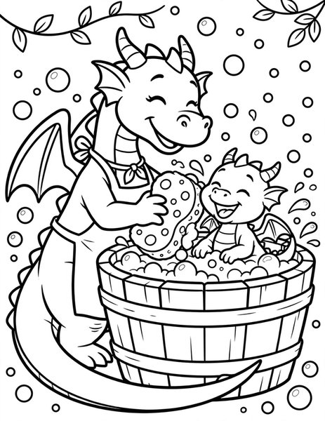 Baby Dragon Bath coloring page: Mama scrubs her baby in a bubbly barrel bath.