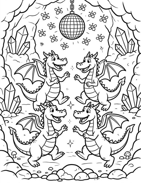 Dragon Dance Party coloring page: Dragons boogie at a cave dance party.