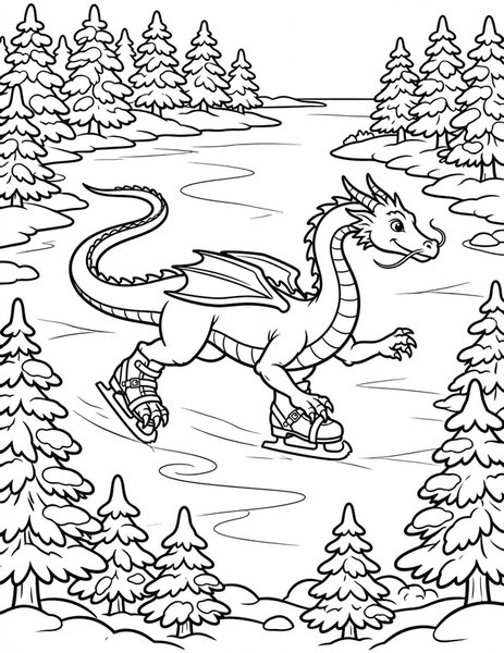 Dragon Ice Rink coloring page: A dragon glides across a frozen lake.