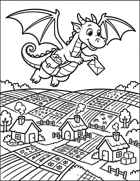 Dragon Mail Carrier coloring page: A dragon delivers letters across the kingdom.