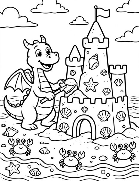 Dragon Sandcastle coloring page: A beach dragon builds a towering sandcastle.