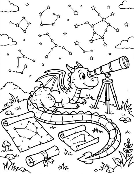 Dragon Stargazer coloring page: A dragon names constellations with a telescope.