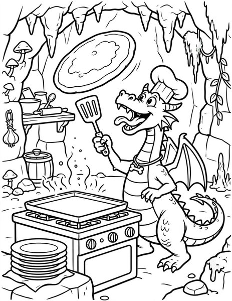 Dragon Pancake Flip coloring page: A dragon flips a giant pancake for breakfast.