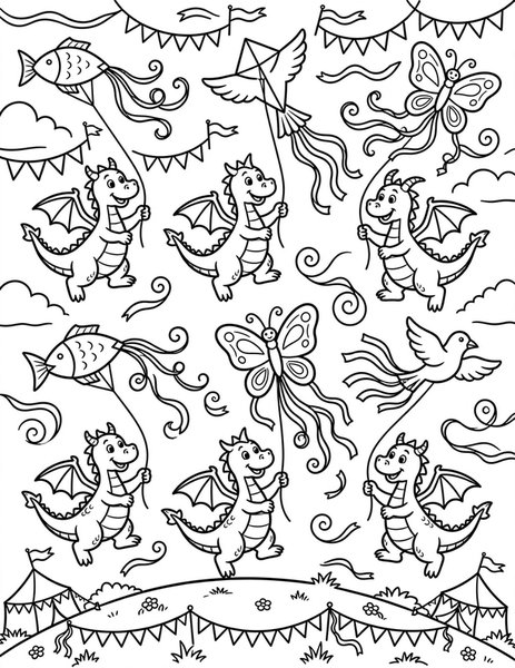 Dragon Kite Festival coloring page: Dragons fly kites at a windy festival.