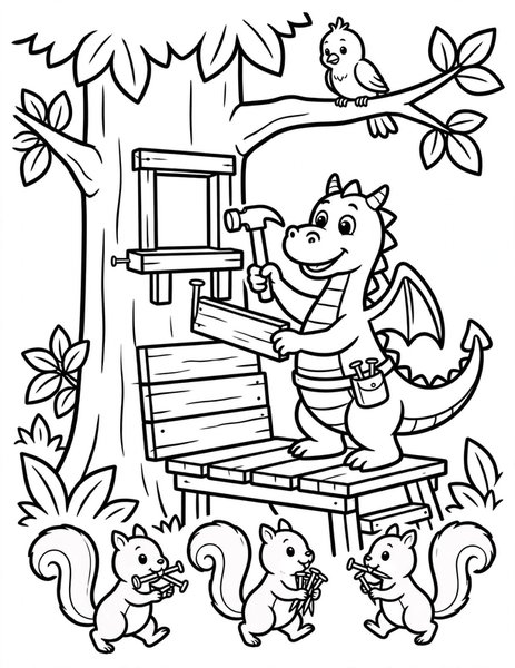 Dragon Treehouse coloring page: A dragon builds a treehouse with squirrel helpers.