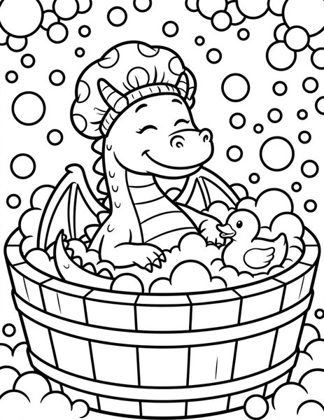 Dragon Bubble Bath coloring page: A dragon relaxes in a giant bubble bath.