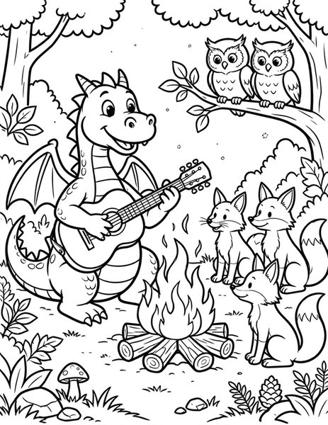 Dragon Campfire Songs coloring page: A dragon strums a guitar by the fire.