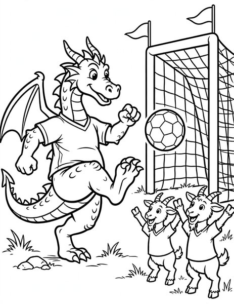Dragon Soccer Star coloring page: A dragon scores the winning soccer goal.