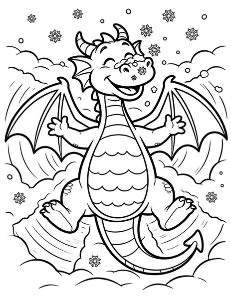 Dragon Snow Angel coloring page: A dragon makes a snow angel in fresh powder.