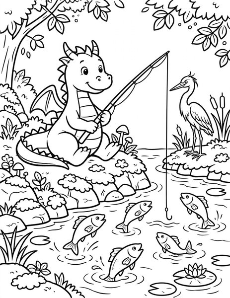 Dragon Fishing Trip coloring page: A dragon fishes with a super-long rod.