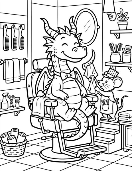 Dragon Barbershop coloring page: A dragon gets its horns polished at the barbershop.