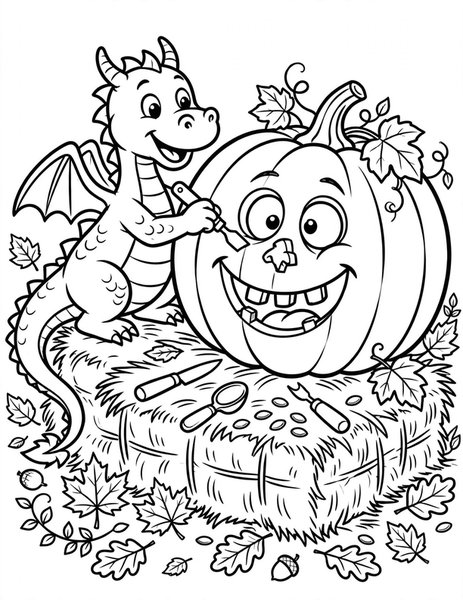 Dragon Pumpkin Carving coloring page: A dragon carves a giant jack-o-lantern.