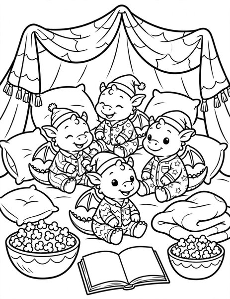 Dragon Slumber Party coloring page: Baby dragons have a cozy slumber party.