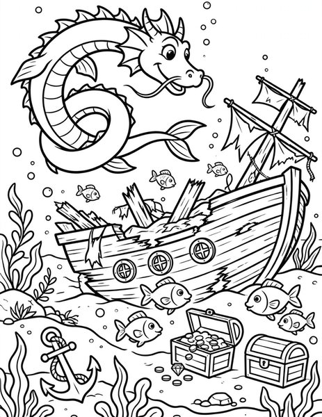 Dragon Scuba Dive coloring page: A sea dragon explores a sunken ship.
