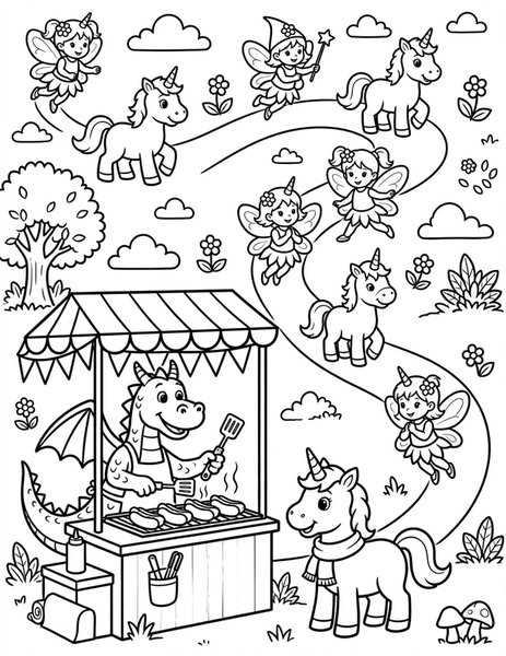 Dragon Hot Dog Stand coloring page: A dragon grills hot dogs at a busy stand.