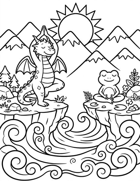 Dragon Yoga coloring page: A dragon stretches in a sunrise yoga pose.