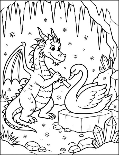 Dragon Ice Sculpture coloring page: A frost dragon carves an ice swan.