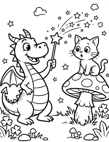 Dragon Magic Wand coloring page: A dragon waves a wand and pops out stars.