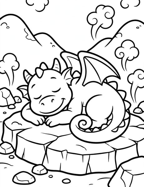 Sleepy Volcano Dragon coloring page: A dragon naps on a warm volcano rock.