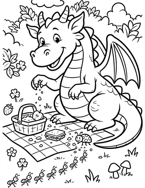 Dragon Picnic Ants coloring page: A dragon shares its picnic with tiny ants.