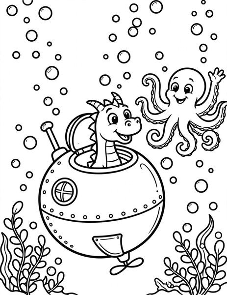 Dragon Submarine coloring page: A dragon peers from a tiny submarine.