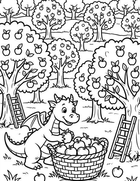 Dragon Harvest coloring page: A dragon gathers apples in a big orchard.