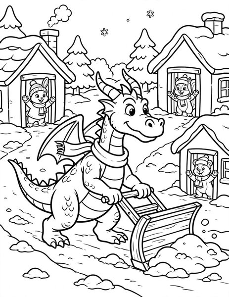 Dragon Snowplow coloring page: A strong dragon clears snow from village paths.