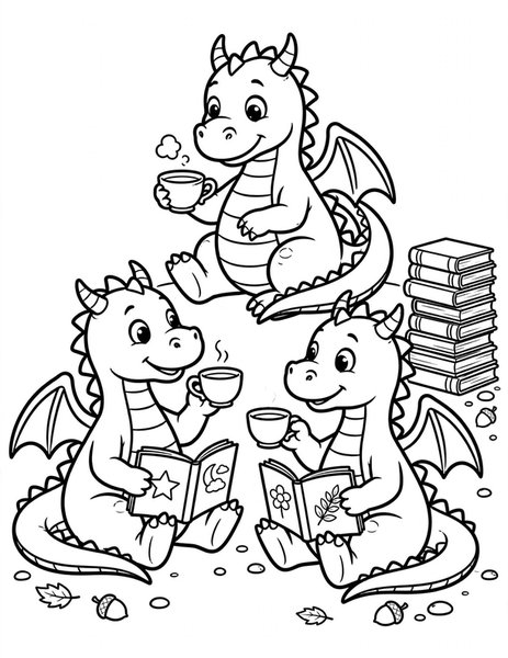 Dragon Book Club coloring page: Dragons discuss their favorite storybooks.