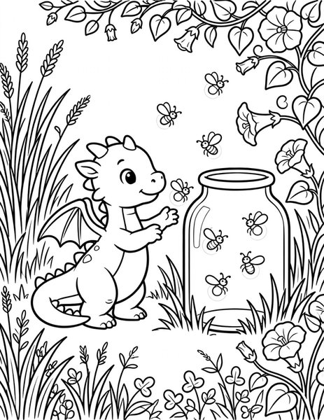 Dragon Firefly Jar coloring page: A baby dragon catches fireflies in a jar.