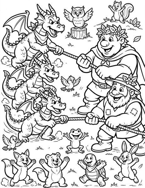Dragon Tug of War coloring page: Dragons pull a rope against a team of giants.