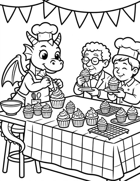 Dragon Baking Contest coloring page: A dragon competes in a cupcake contest.