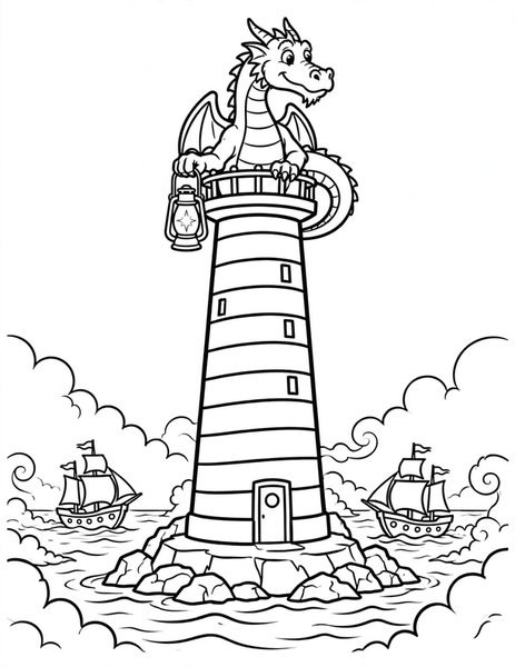 Dragon Lighthouse coloring page: A dragon keeps watch from a tall lighthouse.