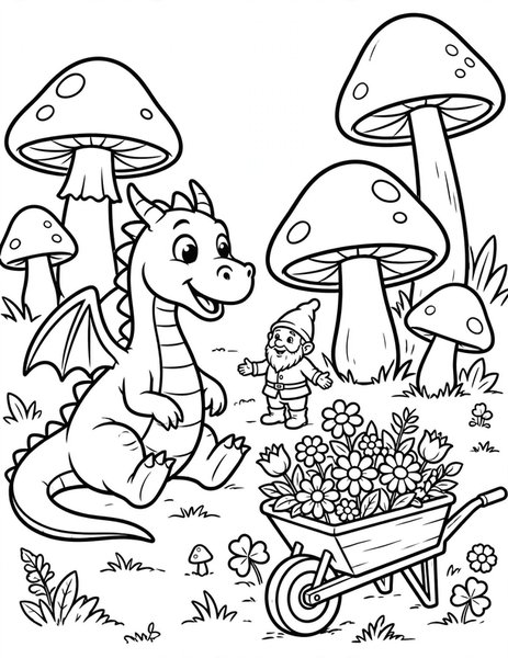 Dragon Garden Gnome coloring page: A dragon befriends a tiny garden gnome.