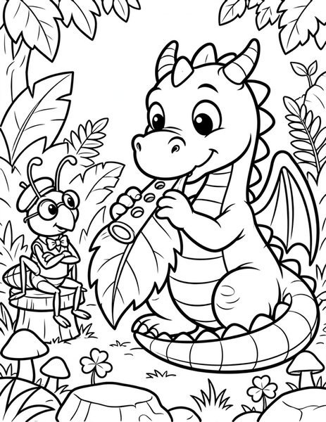 Dragon Music Lesson coloring page: A dragon learns to play a leaf flute.