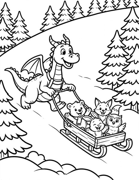 Dragon Sled Ride coloring page: A dragon pulls a sled full of giggling kids.
