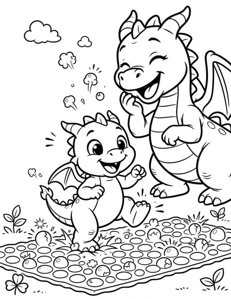 Dragon Bubble Wrap coloring page: A baby dragon pops bubble wrap with glee.