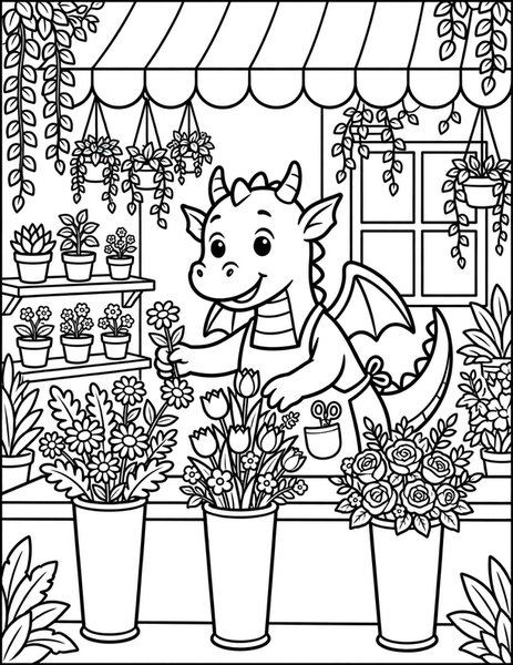 Dragon Flower Shop coloring page: A dragon arranges bouquets at a flower shop.
