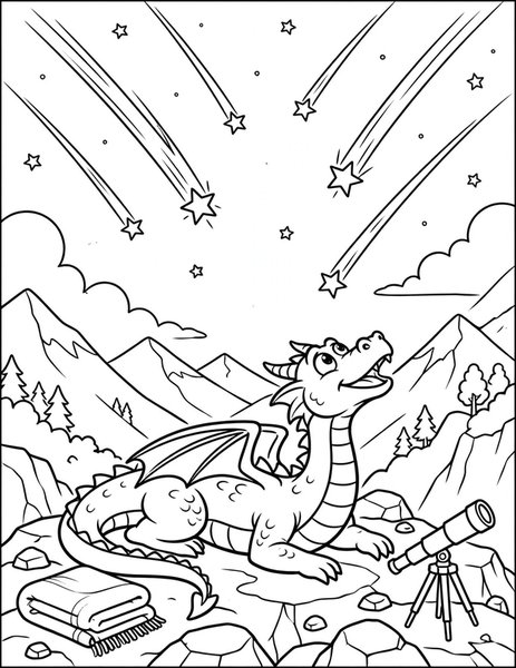 Dragon Meteor Shower coloring page: A dragon watches meteors streak overhead.