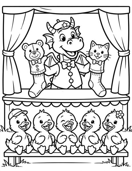 Dragon Puppet Show coloring page: A dragon performs a puppet show for ducklings.