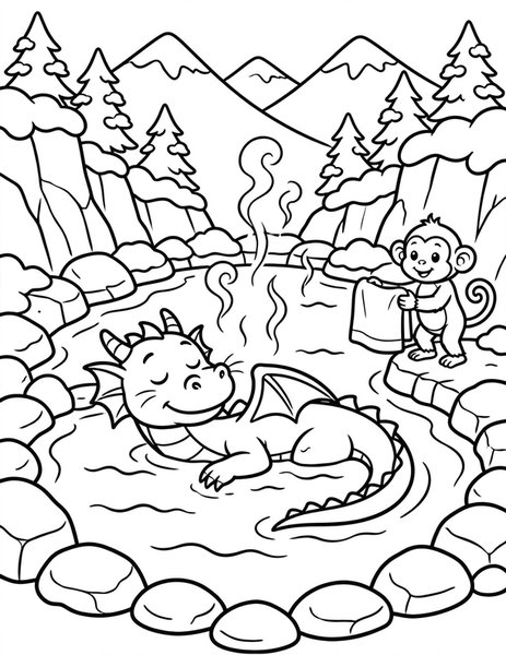 Dragon Hot Spring coloring page: A dragon soaks in a steamy mountain hot spring.