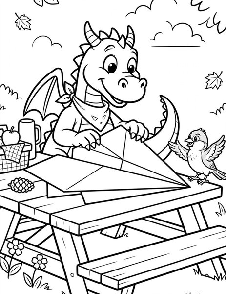 Dragon Paper Airplane coloring page: A dragon folds a giant paper airplane.