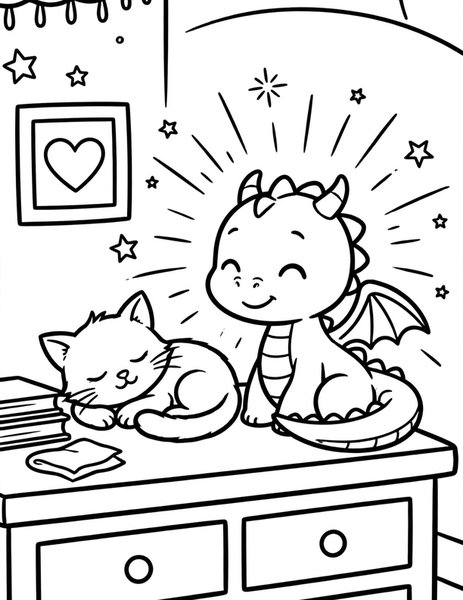 Dragon Nightlight coloring page: A baby dragon glows softly as a nightlight.