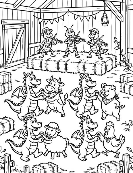 Dragon Farmers Dance coloring page: Dragons do-si-do at a barn dance.