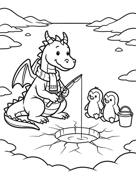 Dragon Ice Fishing coloring page: A dragon ice fishes with penguin pals.