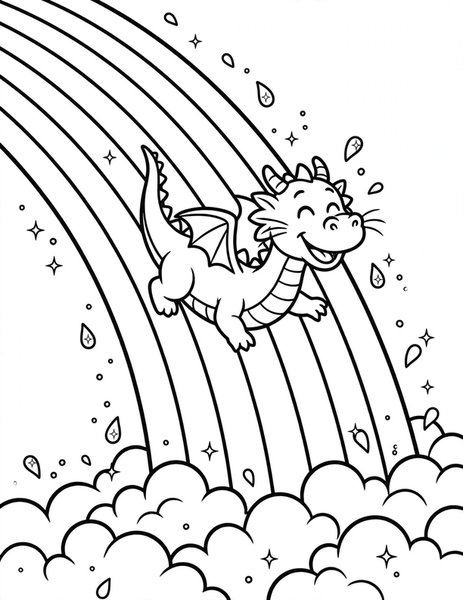 Rainbow Dragon coloring page: A dragon slides down a bright rainbow.