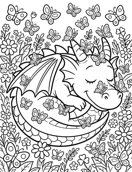 Dragon Butterfly Garden coloring page: A dragon naps while butterflies land on it.