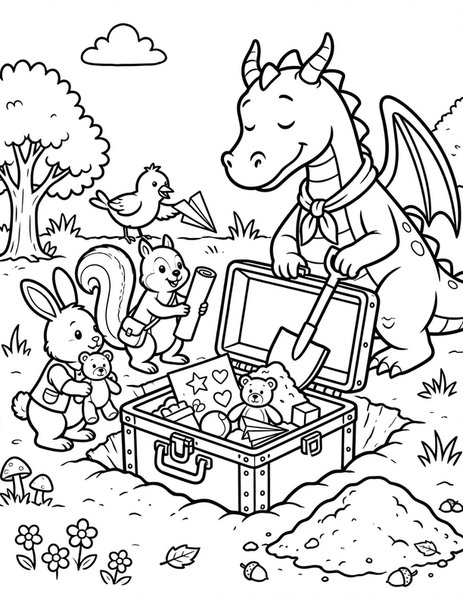 Dragon Time Capsule coloring page: A dragon buries a time capsule with friends.