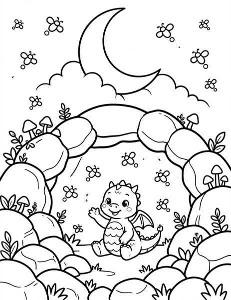 Goodnight Dragon coloring page: A baby dragon waves goodnight from its cave.