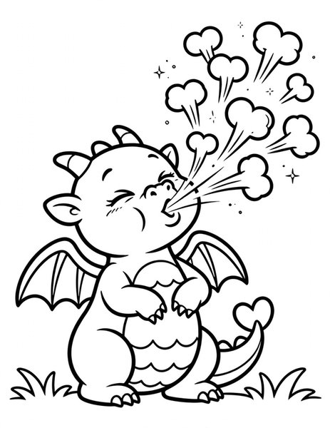 Dragon Sneeze coloring page: A baby dragon sneezes out heart-shaped smoke.